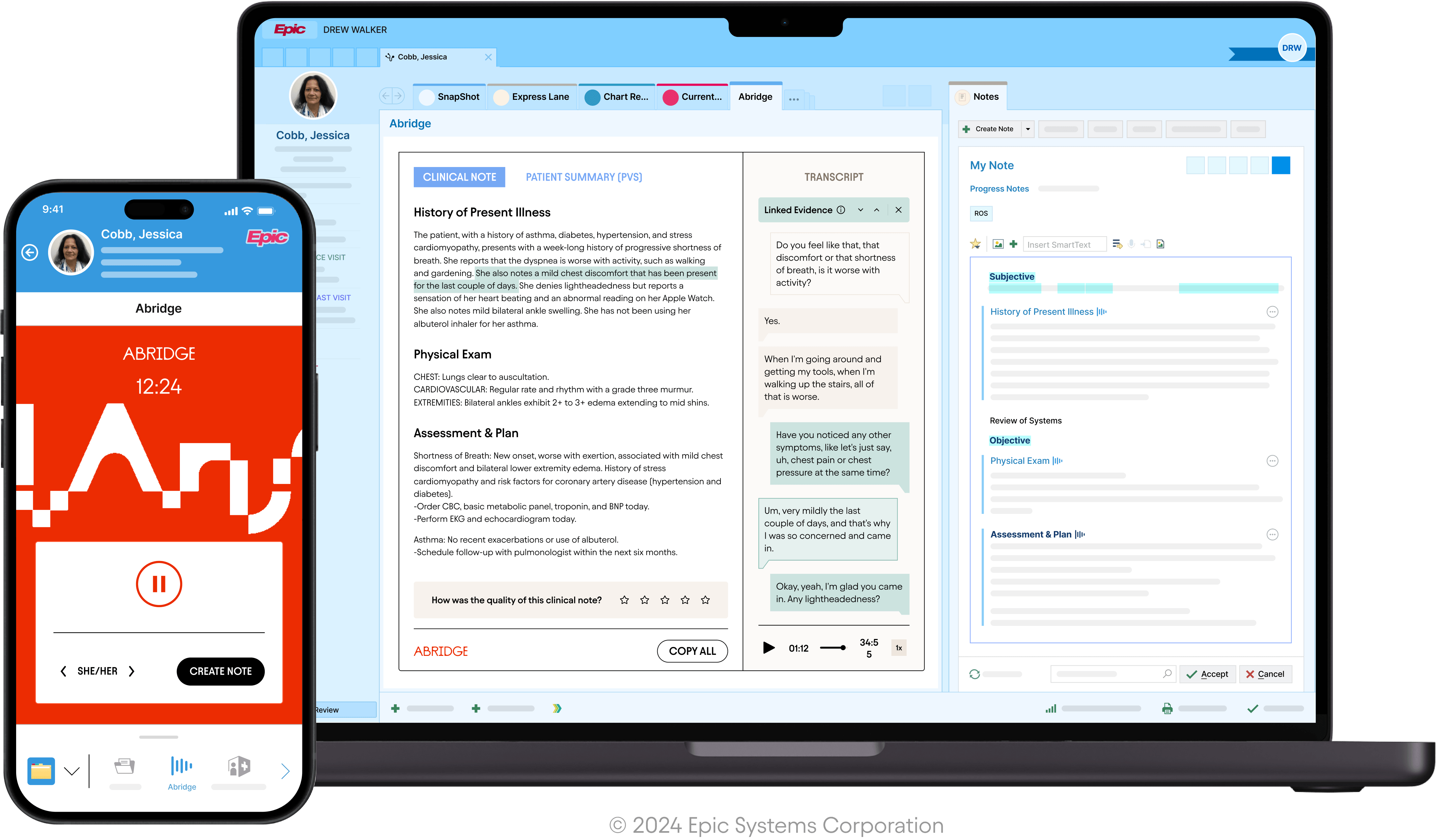 Abridge AI scribe in Epic: phone recording a visit, laptop showing note and transcript