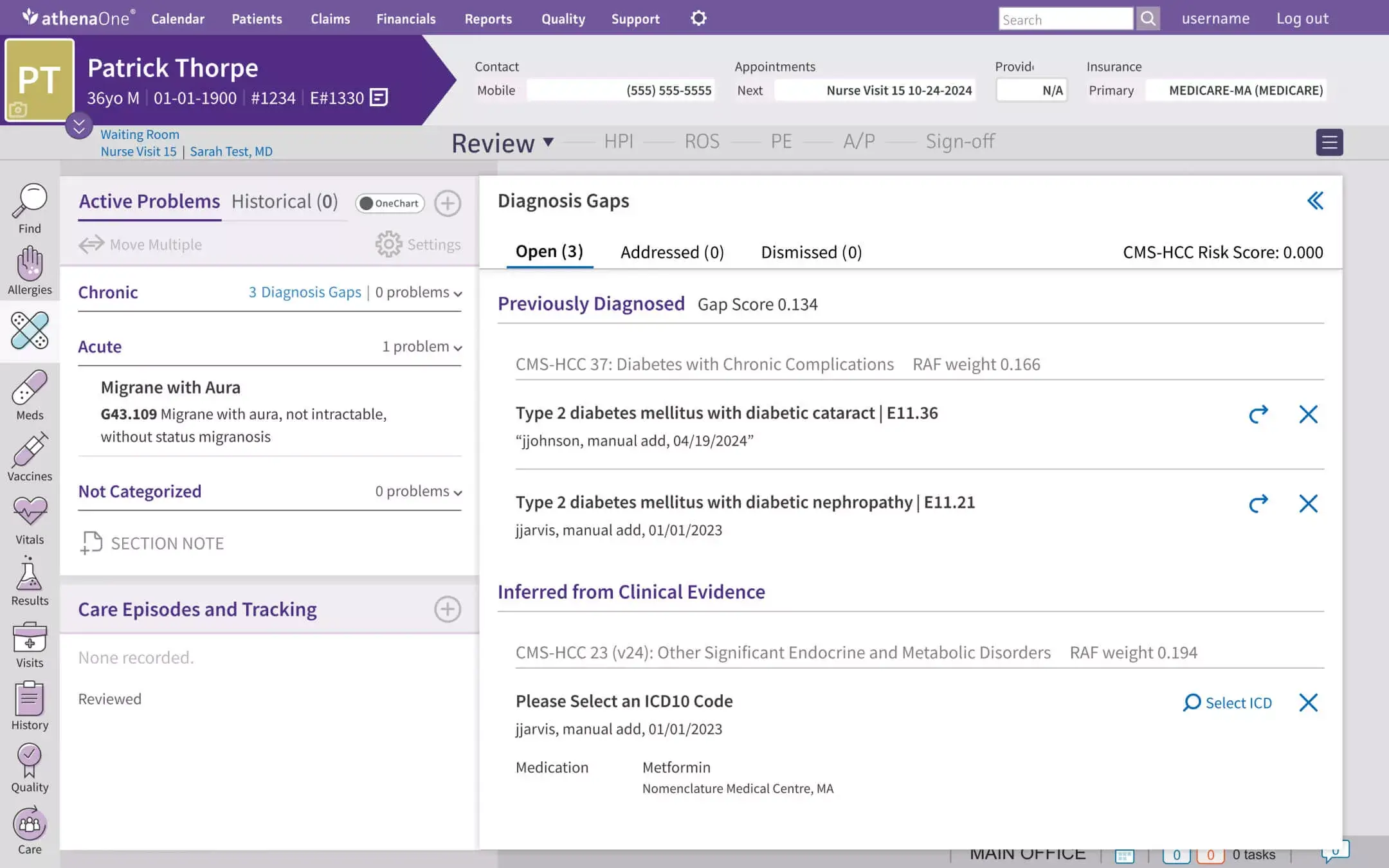 athenaOne EHR patient chart showing active problems and open diagnosis gaps