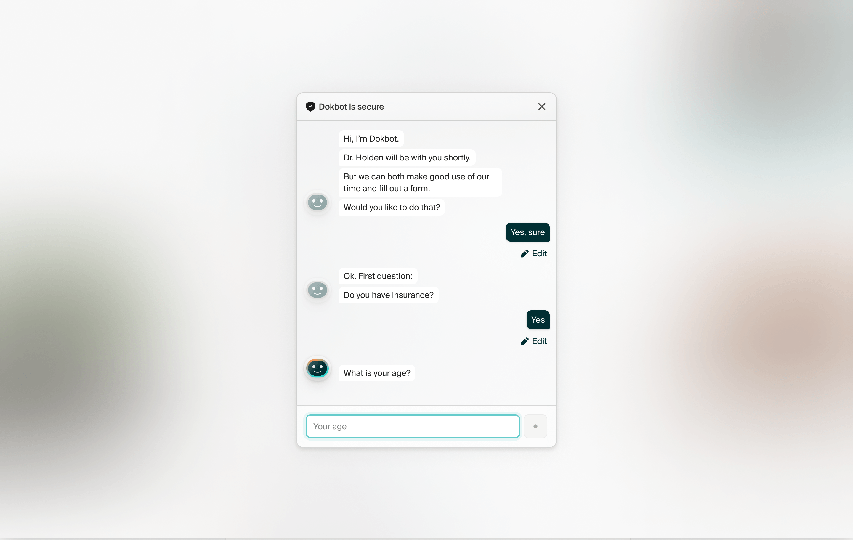 Dokbot chat widget asking a patient about insurance and age before a virtual visit