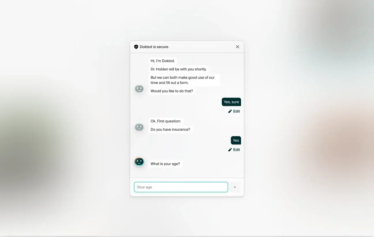 Dokbot chat widget asking a patient about insurance and age before a virtual visit