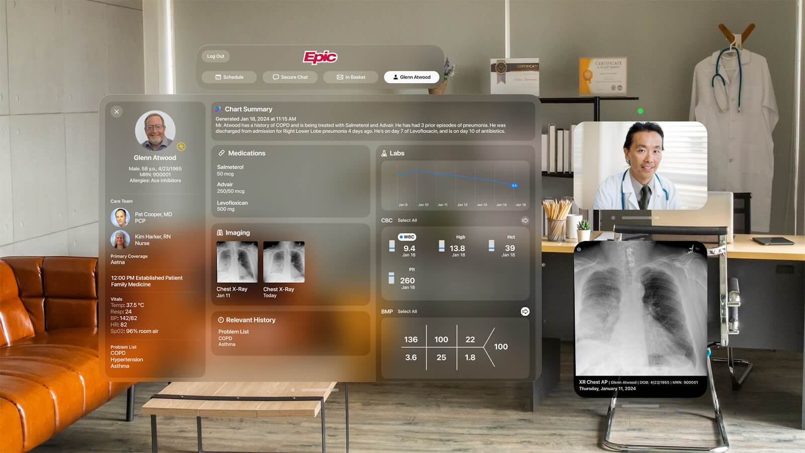 Epic chart summary, labs and chest X-ray floating in a clinic via Apple Vision Pro