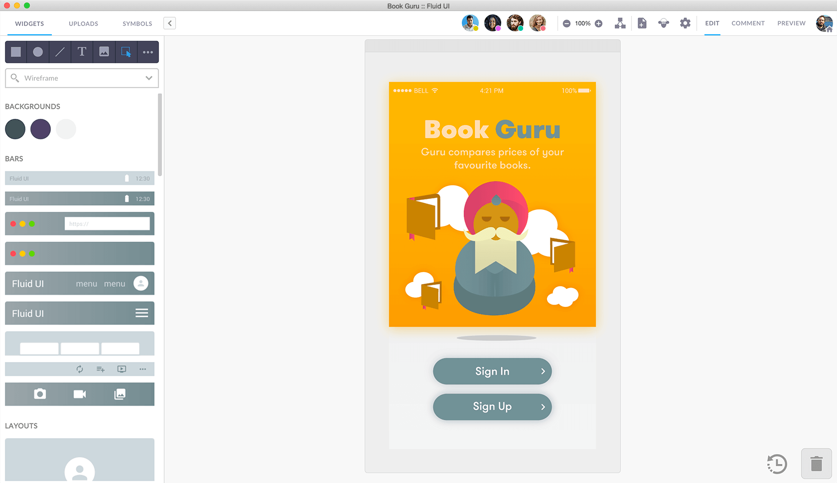 Fluid UI editor with widget panel, collaborator avatars and a Book Guru app sign-in screen