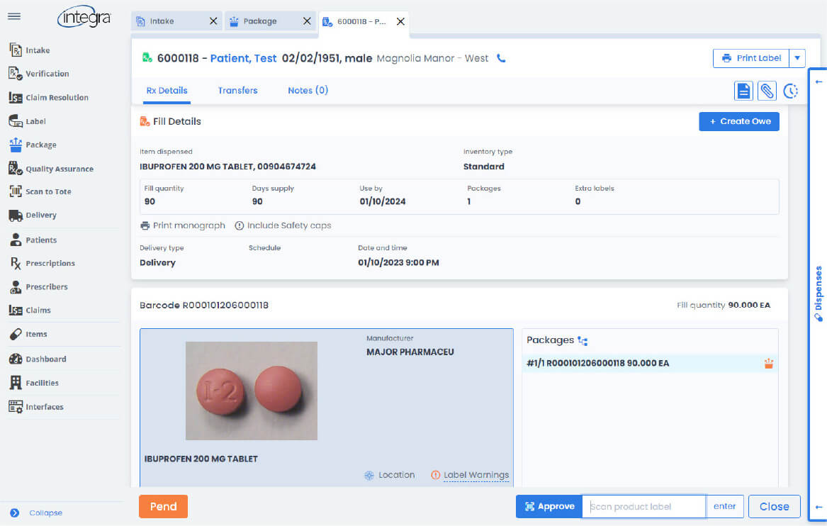 Integra pharmacy software Rx fill details for an ibuprofen 200 mg tablet prescription