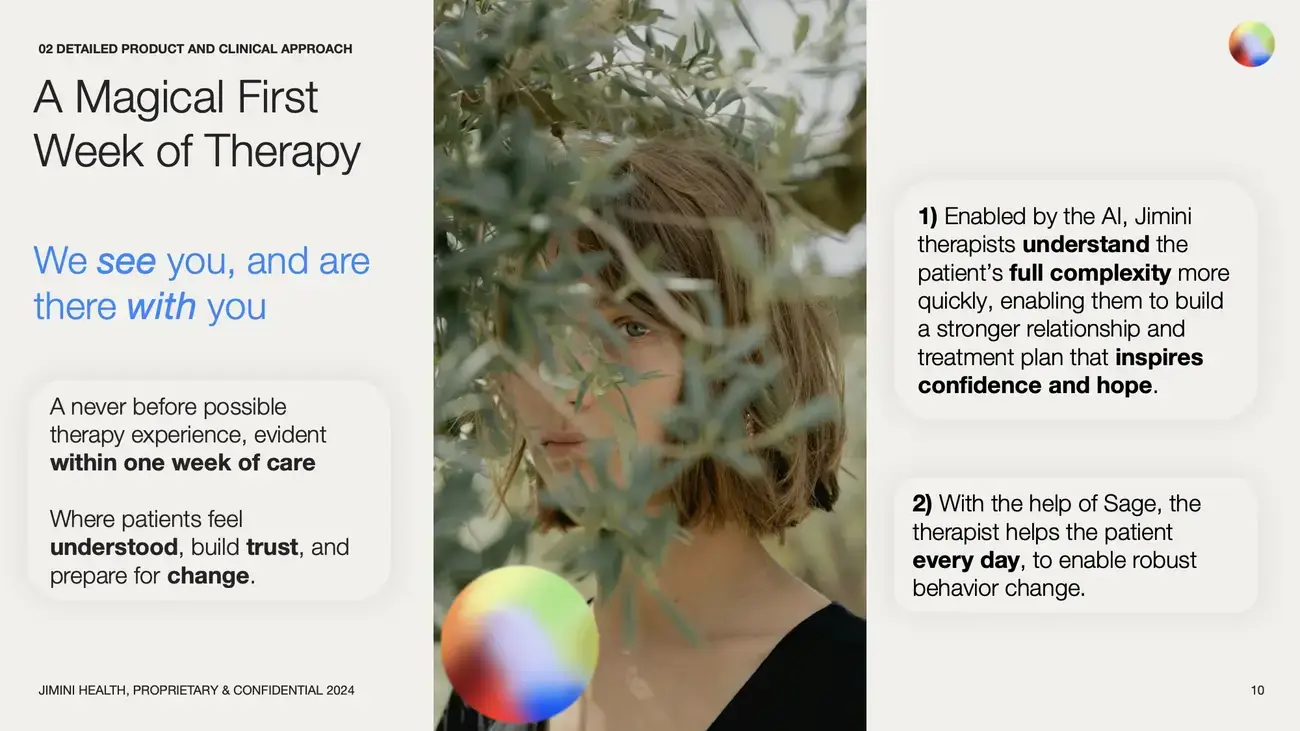 Jimini Health slide on a magical first week of AI-supported therapy