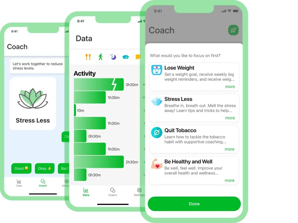 Lark Health app screens: coach chat, activity data chart and health goal picker