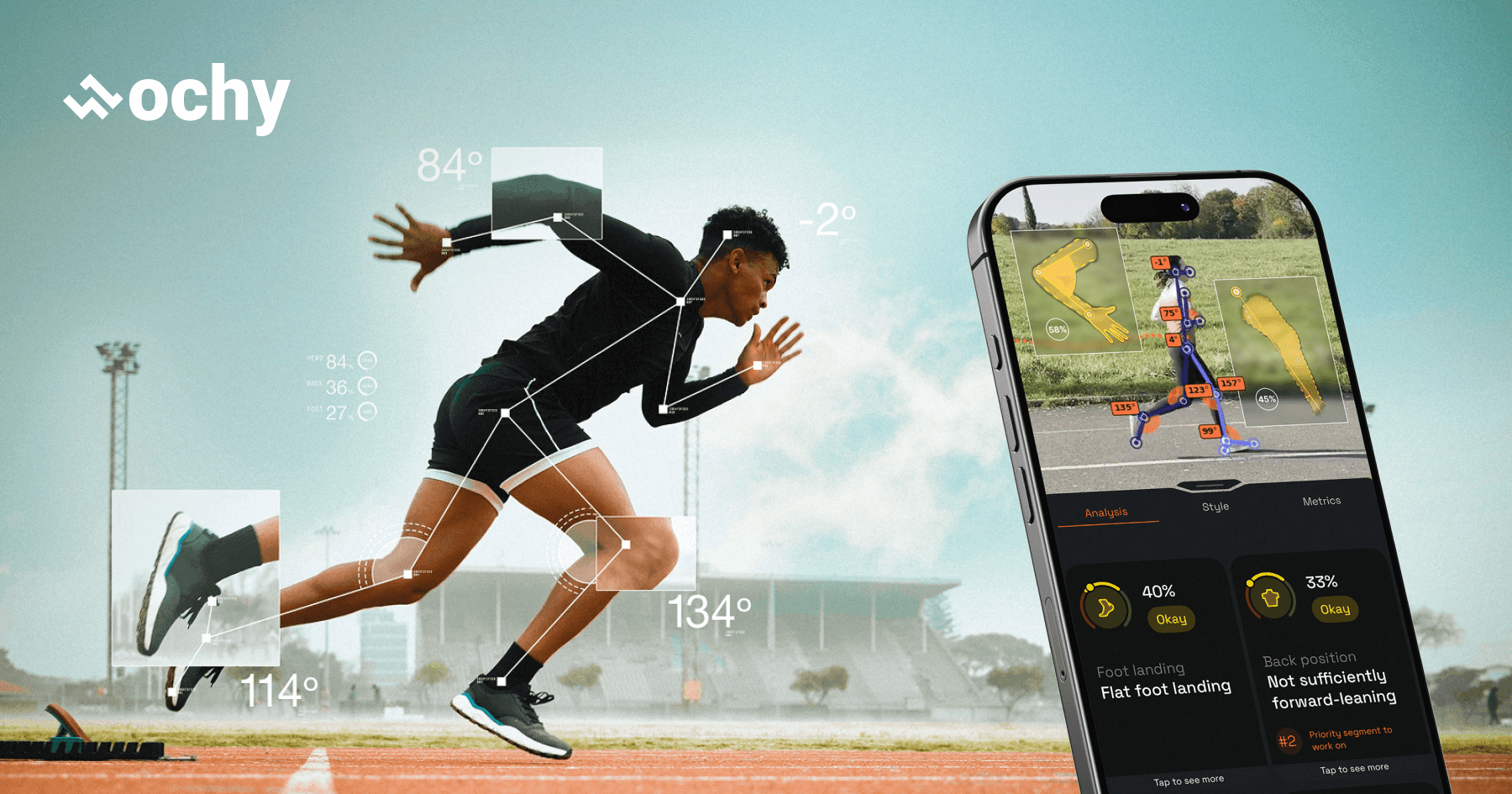 Ochy running gait analysis: joint angles on a sprinter and in-app form feedback