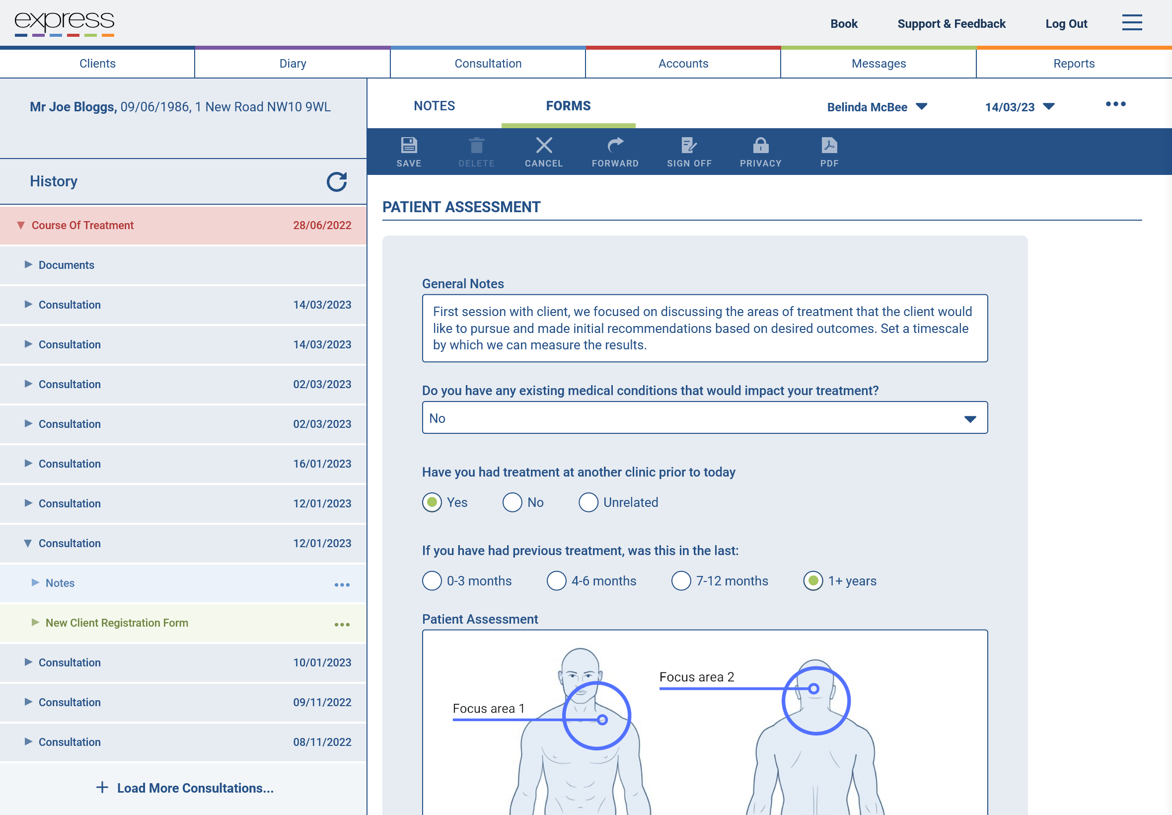 Private Practice Software patient assessment form with body map and visit history