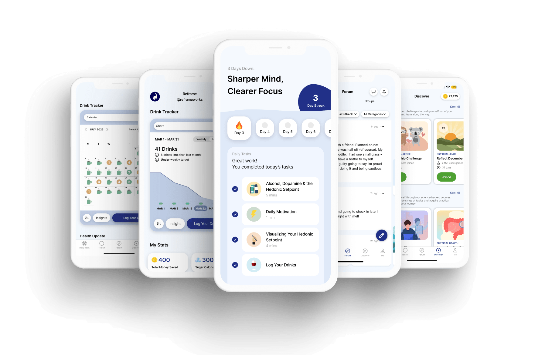 Reframe app screens: drink tracker, 3-day streak daily tasks, forum and challenges feed