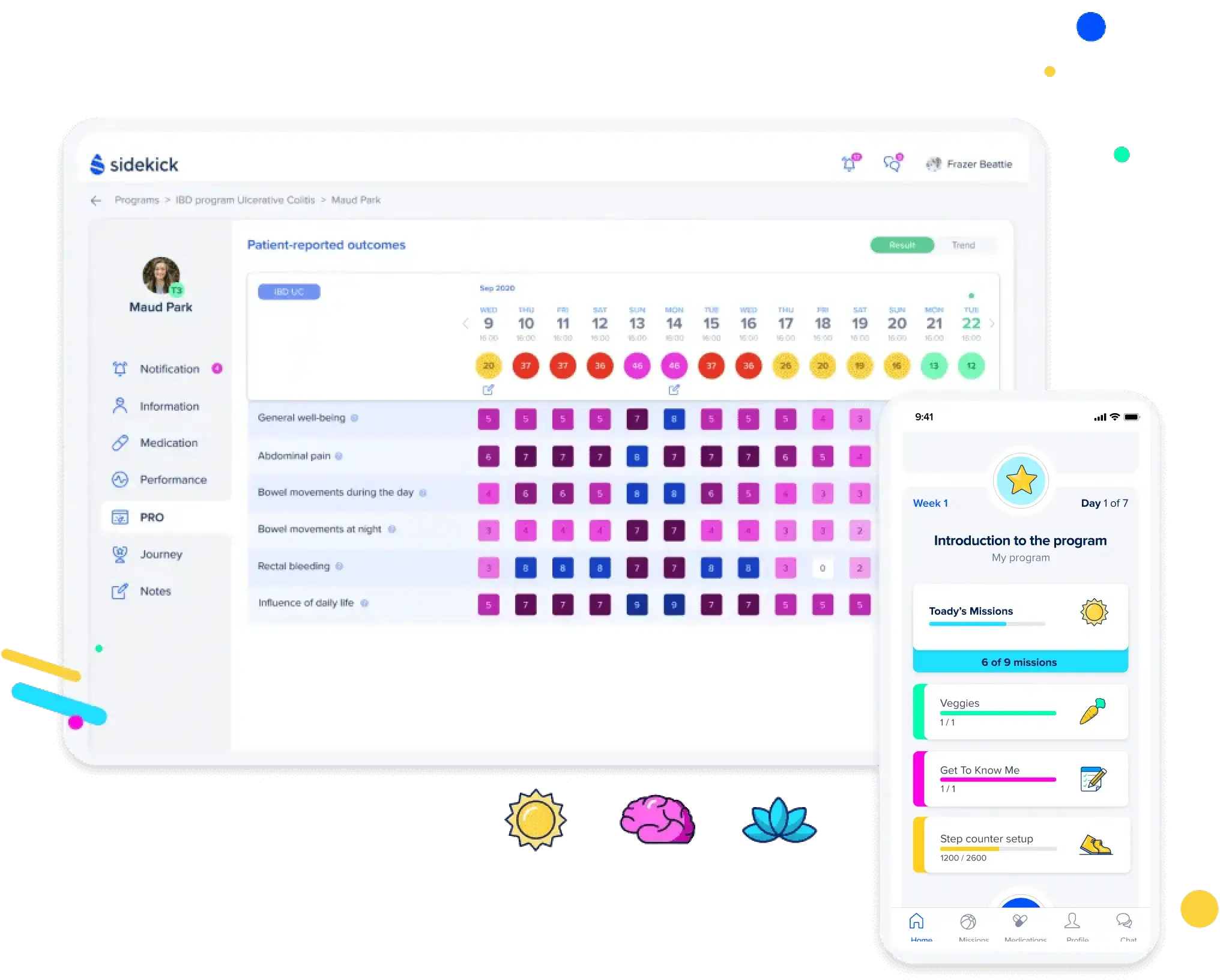 Sidekick Health dashboard of patient-reported IBD outcomes beside its daily missions app