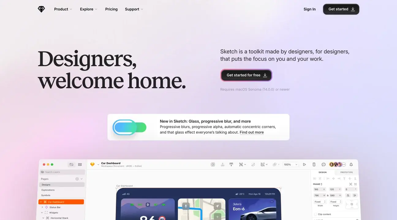 Sketch homepage with its macOS editor open on a car dashboard design