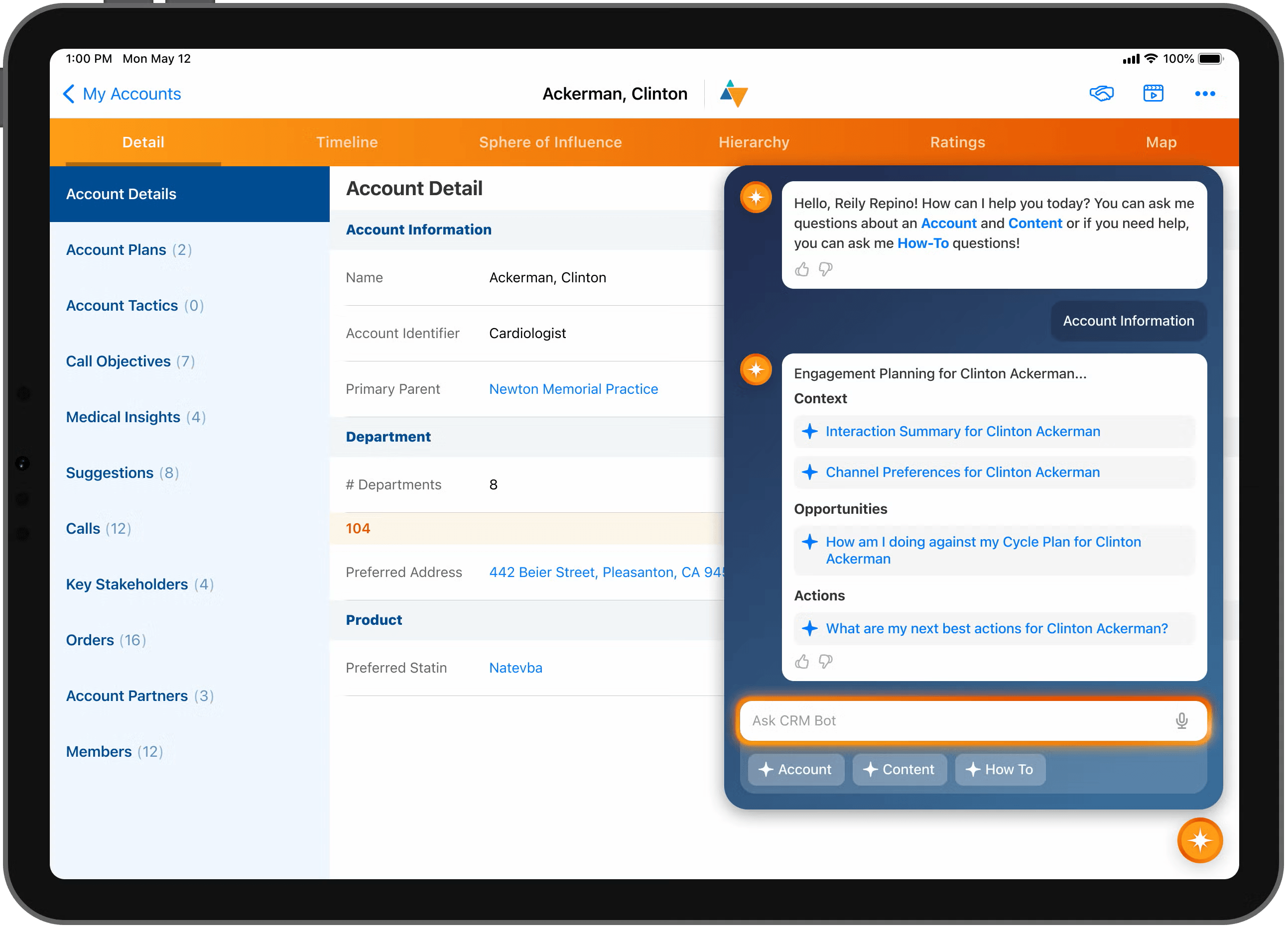 Veeva Vault CRM on an iPad: physician account detail with the CRM Bot assistant panel