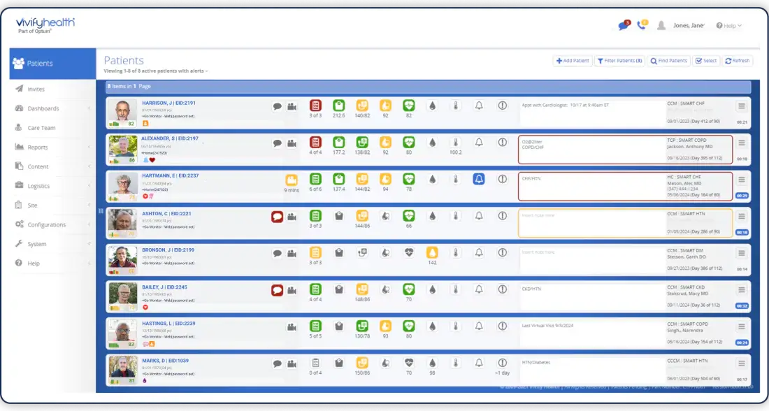 Vivify Health patient list dashboard with vitals, alerts and care programs for 8 patients