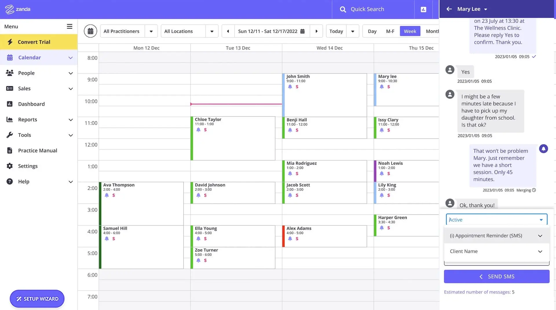 Zanda practice management calendar of weekly appointments with an SMS reminder chat