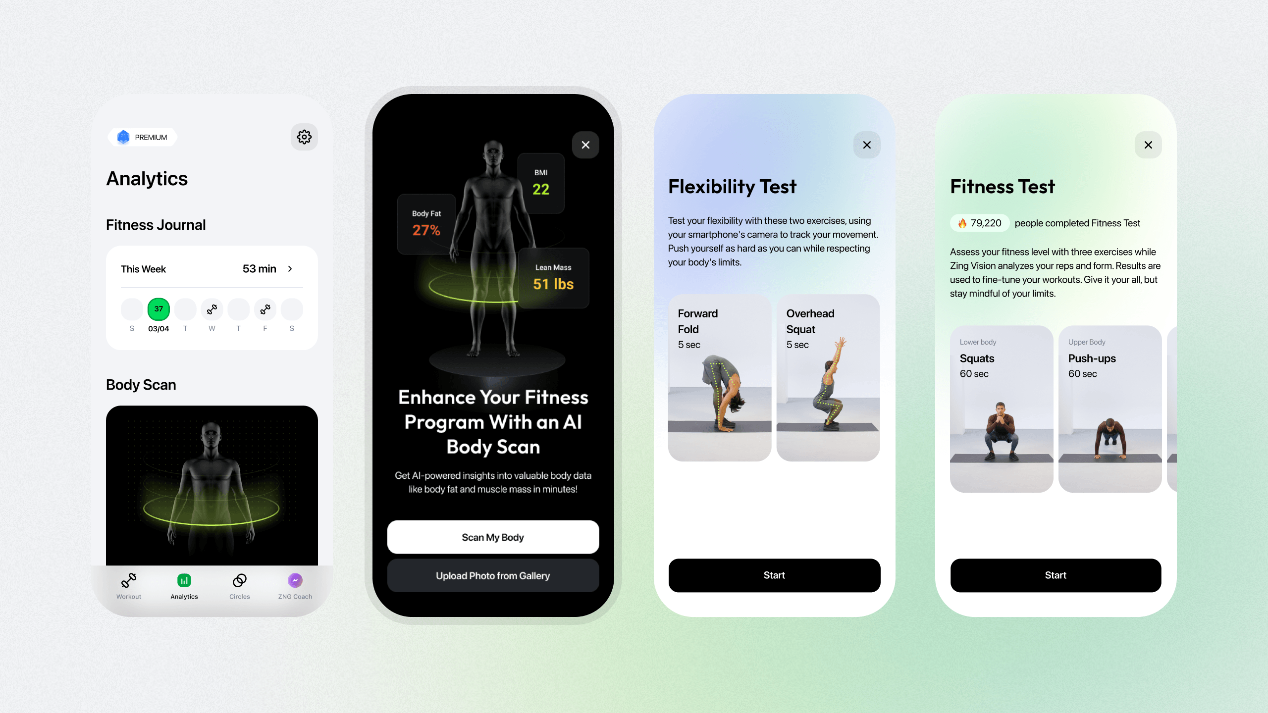Zing Coach app screens: analytics, AI body scan metrics, flexibility test and fitness test